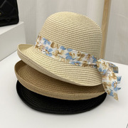 法式草帽女夏季甜美可爱少女碎花蕾丝绑带圆顶，遮阳帽海边沙滩拍照