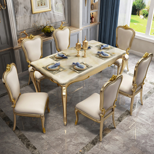 美式轻奢实木餐桌椅组合欧式长方形大理石餐桌 橡木餐厅吃饭桌子