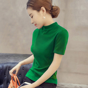 绿色t恤女短袖2023夏季冰丝针织薄款设计感小众打底衫上衣潮