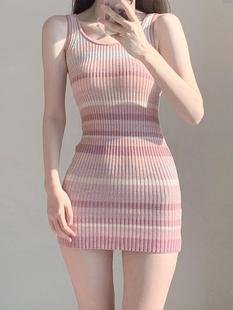 粉色条纹背心吊带连衣裙女夏季小个子，修身显瘦包臀性感短裙子