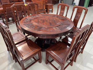酸枝木仿古雕花红木餐桌椅圆桌组合饭桌转盘家用小餐厅雕刻圆形桌