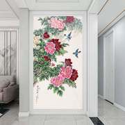 中式玄关画3d牡丹花鸟走廊壁纸，客厅过道壁画，入户背景墙布花开富贵