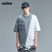 GUUKA灰色拼接短袖T恤男潮牌夏季学生嘻哈纯棉印花运动五分袖宽松
