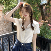 大码胖妹妹衬衫女夏季韩版气质褶皱V领显瘦衬衣温柔风短袖上衣女