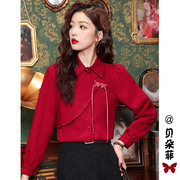 新中式国风盘扣新年红色雪纺，衬衫女士春装2024设计感小众上衣