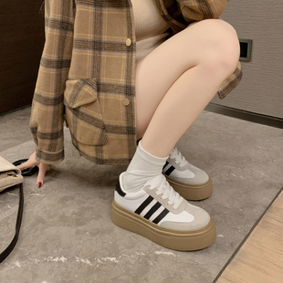 松糕厚底内增高豹纹板鞋女小码313233运动鞋2025秋新款真皮休闲鞋