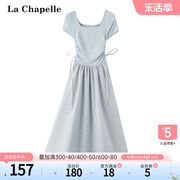 拉夏贝尔/La Chapelle夏季时尚气质百搭收腰法式方领连衣裙子长裙