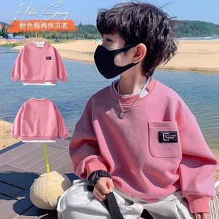 韩系男童帅气卫衣粉色假两件上衣春秋季儿童休闲宽松口袋套头衫潮