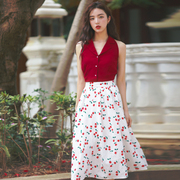 复古港风无袖红色衬衫，上衣显瘦半身裙碎花，l连衣裙两件套装裙夏季