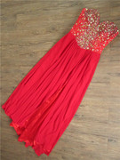 1117a大红色雪纺绑带外贸长款裙，晚礼服裙宴会钉珠气质修身年会