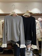 冬季韩版2024年韩国东大门纯棉长袖，拼接设计感假两件t桖上衣t恤