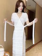 网红时尚蕾丝连衣裙女2024夏季超仙白色系带修身显瘦长裙