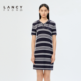 lancy悦朗姿女装，2023夏季撞色条纹，连帽连衣裙子女休闲套头裙