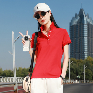 红色短袖t恤女夏季全棉翻领polo衫运动休闲纯色有领显瘦修身上衣