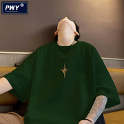 潮牌美式墨绿色320g重磅短袖t恤男夏季宽松休闲纯棉小领口七分袖