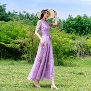 紫色刺绣连衣裙长款夏收腰超仙简约气质到脚踝显瘦女神范修身长裙