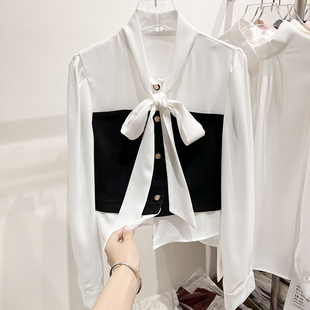 2023韩国气质显瘦V领系带拼接单排扣长袖雪纺衬衫女秋季