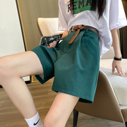 绿色西装短裤女夏季薄款高腰，显瘦宽松休闲阔腿韩版