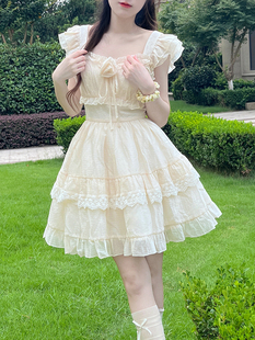 夏季法式温柔风甜美小飞袖显瘦连衣裙女小个子收腰蕾丝公主裙