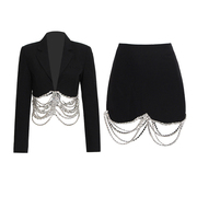 重工镶钻链条黑色西服套装area设计感水钻流苏西装外套短裙两件套