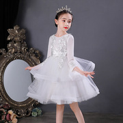 白色童礼服表演出服装连衣裙，秋冬蕾丝短款儿童蓬蓬礼服裙公主