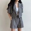 韩国chic夏季复古短袖格子，小西服外套，+花苞高腰显瘦阔腿裤两件套