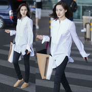 香港2024夏季白色立领衬衫，女中长款长袖宽松显瘦bf风时尚衬衣