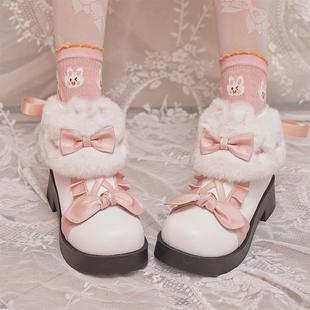 兔团团秋冬雪地靴lolita加绒短靴，中跟拼色蝴蝶结甜美马丁靴女
