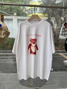 2024夏季韩版卡通草莓熊印花慵懒风大版圆领短袖T恤中长款女