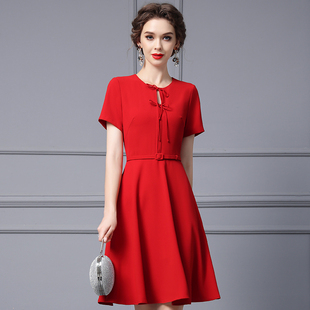 枝荔高级感短袖连衣裙女腰带夏季2024年红色显瘦气质A字裙子