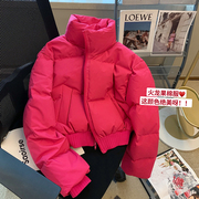 玫红色羽绒棉服外套女2023秋冬小众设计感时尚面包服棉衣外套