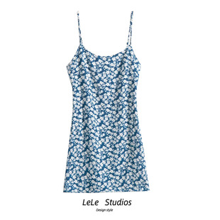 法式小众夏季吊带裙，时尚无袖露肩蓝色，碎花连衣裙小个子复古裙