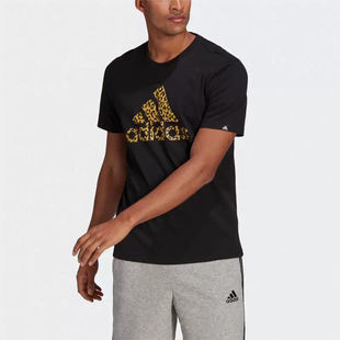 Adidas/阿迪达斯夏季男子透气豹纹LOGO运动休闲短袖T恤GL2396