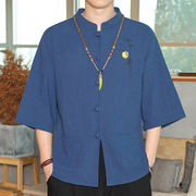 中国风刺绣男士唐装短袖，亚麻t恤夏季薄款七分袖道袍上衣潮流衬衣