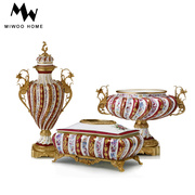 欧式奢华手工描绘陶瓷铜花瓶，果盘玄关别墅陶瓷配铜摆件宫廷风饰品