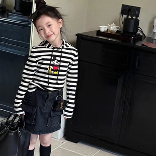 韩国童装春秋女童可爱米奇黑白，条纹修身连帽上衣，洋气百搭长袖t恤
