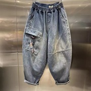 特大码300斤欧货复古口袋牛仔裤男士2023设计感松紧腰灯笼裤