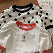 韩国童装中小童可爱波点小清新上衣精致韩版刺绣小熊女童儿童T恤