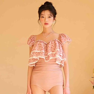 2024泰国游泳衣女连体，遮肚显瘦保守荷叶，边小胸聚拢温泉泳装