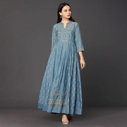 印度进口服饰民族风女装，轻奢风高腰连衣裙，chanderisilk刺绣小v领