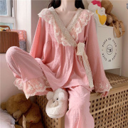 公主风睡衣套装女春秋季上衣长袖长裤甜美可爱蕾丝和服女日系