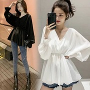 韩版夏季雪纺衫宽松遮肚洋气，上衣大码女装，气质衬衫200斤胖mmt恤衫