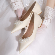 婚鞋女新娘鞋法式缎面浅口高跟单鞋平底低跟婚纱礼服伴娘平跟