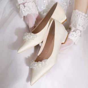 婚鞋女春季法式缎面新娘鞋浅口高跟，单鞋平底低跟婚纱礼服伴娘平跟