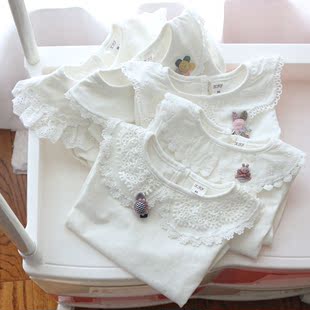 女童春秋白色衬衫宝宝娃娃领打底衫儿童纯色翻领T恤小童长袖上衣