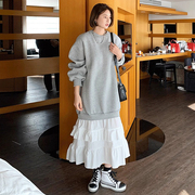 韩国chic秋季小众设计感圆领，撞色拼接荷叶，边休闲宽松卫衣连衣裙女