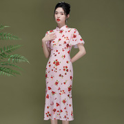 2023夏装中国风荷叶袖，鱼尾改良旗袍裙子，时尚真丝双绉印花连衣裙