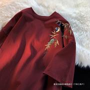 酒红色新中式男装中国风短袖，t恤男情侣设计感重磅，320g夏季7七分袖