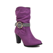欧美风皮带扣粗跟中筒靴紫色女靴，绒面高跟靴子大码4445464748