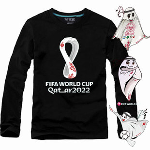 2023年卡塔尔世界杯足球世界杯，吉祥物球迷纪念男装，t恤纯棉长袖t恤